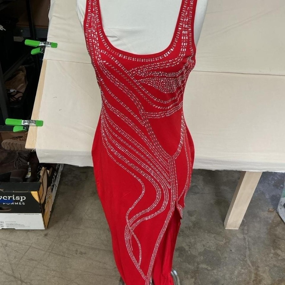 Women's Red Rhinestone Bodycon‎ Maxi Dress | Size Large